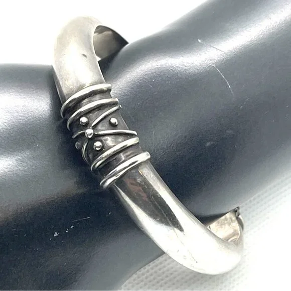 VTG Deborah Armstrong 925 Sterling Silver Hollow Dome Wrapped Wire Cuff Bracelet - Picture 3 of 16